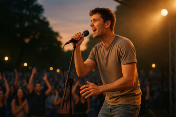 Chanteur en concert live sur scène en plein air, foule en fête au coucher du soleil, ambiance estivale, musique en direct pour la Fête de la Musique