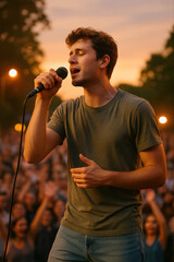 Chanteur en concert live sur scène en plein air, foule en fête au coucher du soleil, ambiance estivale, musique en direct pour la Fête de la Musique