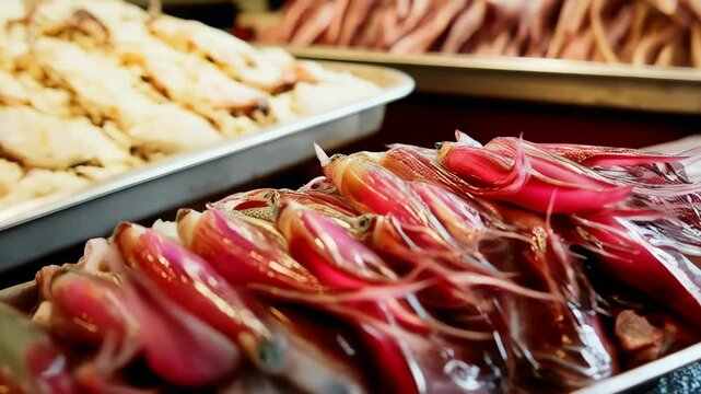 Freshly caught squid displayed in a neat row, showcasing vibrant pink hues and intricate tentacle details, seafood market.
