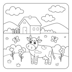 Black and white vector coloring page with cartoon cow farmhouse butterflies clouds trees. Simple line art for kids, perfect for books, worksheets and educational materials.