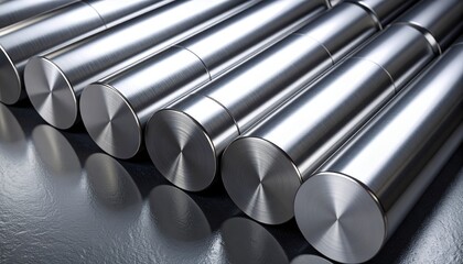 Close-up of shiny metal cylinders reflecting light. Ideal for industrial design and technology content