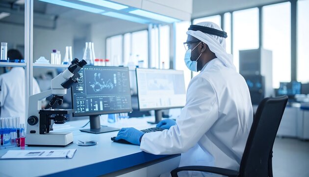 Scientist in a lab analyzing data on computers near microscope and vials, wearing a face mask.