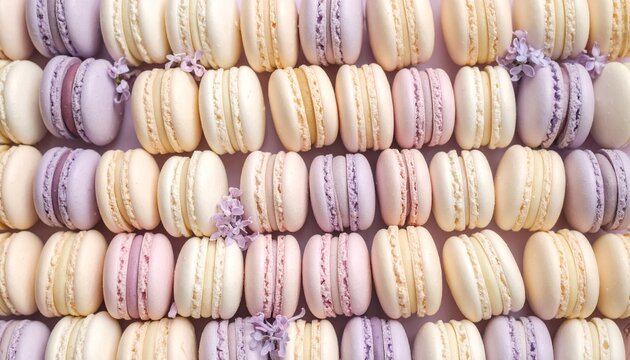 A soft and elegant background featuring light pastel-colored macarons arranged in a gentle pattern