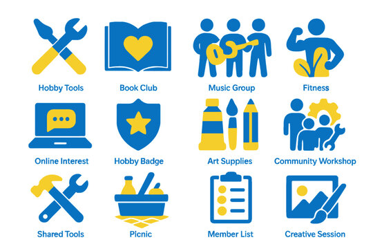 Illustrated icons of community hobbies and collaborative group activities