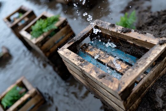 A dynamic image shows water splashing from wooden crates filled with sprouts, highlighting the symbiotic relationships between agriculture and water in nurturing plant life.