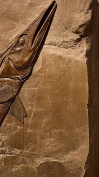 Fossilized ichthyosaur skeleton with detailed bone structure embedded in sedimentary rock, paleontological discovery