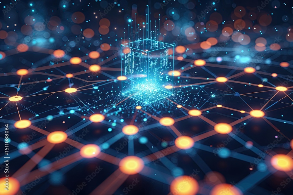 Poster futuristic digital cyberspace with network connections and particle dynamics