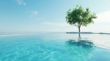 Tranquil pool scene with a solitary tree