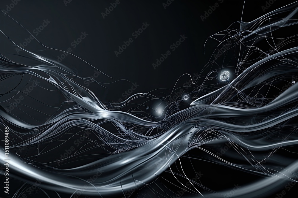 Poster sophisticated black abstract background featuring fluid technology movement and networking elements