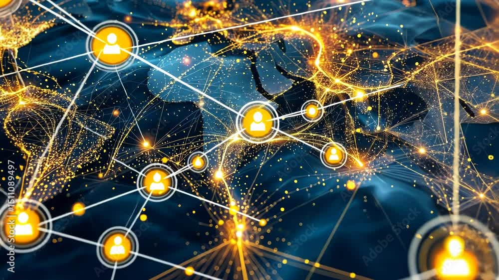 Poster abstract world map with dynamic particle system global network connection on dark blue background da