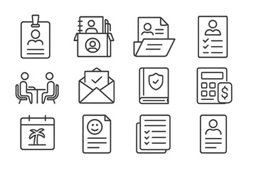Office icons: documents, meetings, mail, and calendar illustrations