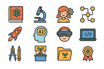 Educational icons set including science, technology, and arts symbols