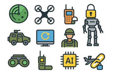 Fototapeta premium Military tech icons: radar, drone, communication, ai, robot, security, surveillance