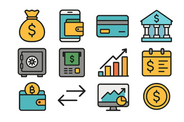 Financial icons set illustrating banking, money, and investment concepts