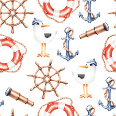 Seamless nautical cartoon pattern with seagull in cap, lifebuoy, spyglass, anchor and ship wheel on white background. Watercolor illustration.