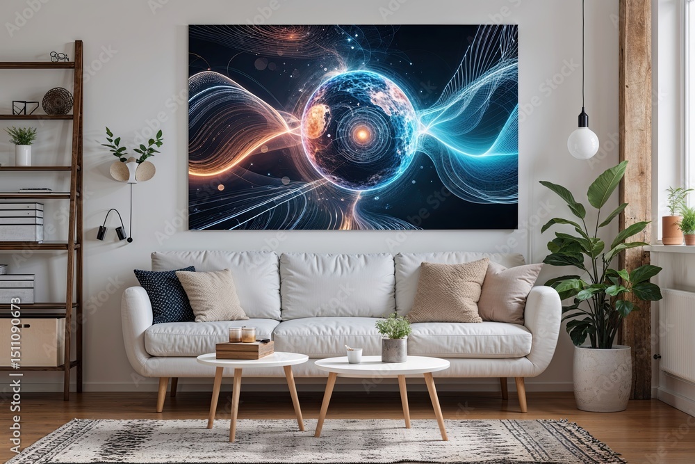 Poster abstract white canvas art with captivating tech waves and digital connectivity design