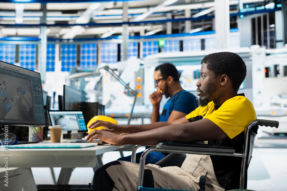 Poster worker with disability works in photovoltaics factory on designing solar cells, debugging and fixing