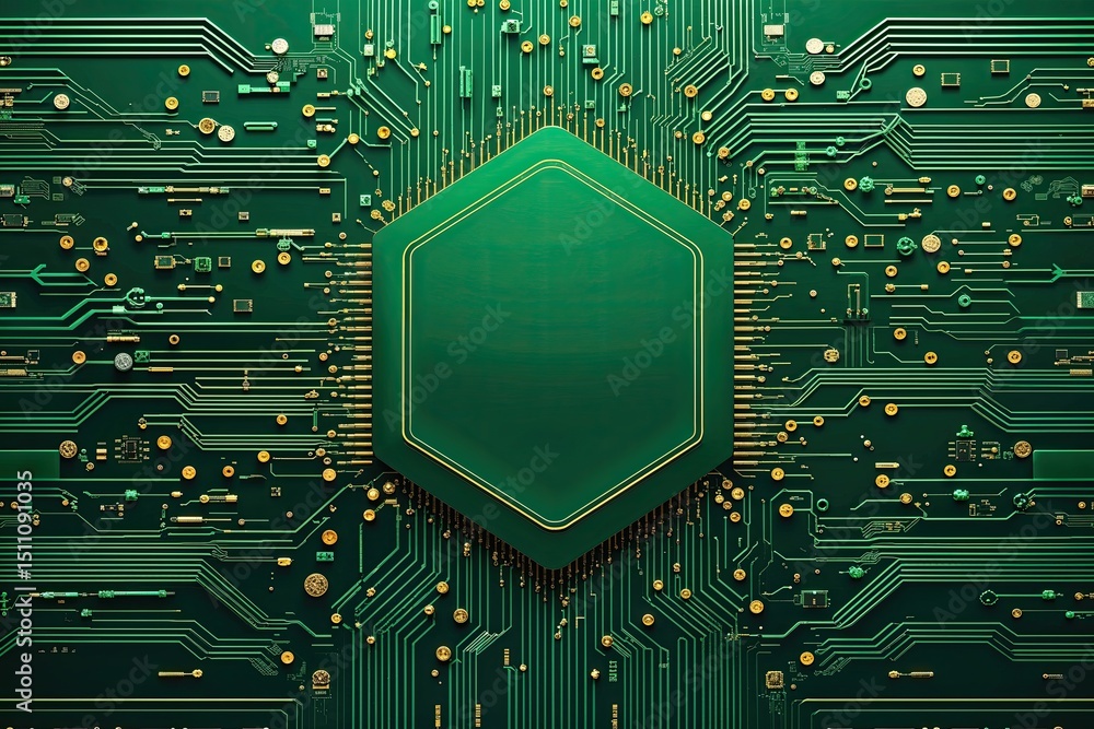 Aufkleber green innovation backdrop with abstract circuitry and hexagon design