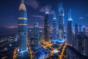 Obraz premium Urban Connectivity with Skyscrapers and Advanced Wireless Networks in a Lively Nightscape