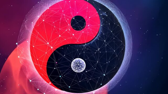 Abstract Yin Yang Symbol with Red and Black Nodes on Purple Gradient Background Representing Duality and Balance in a Digital Style with White Line Connections for Adobe Stock