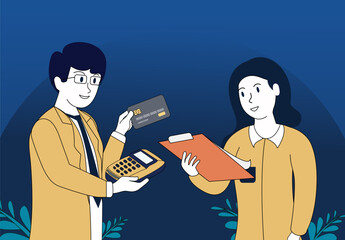 A bank employee brings a credit card payment terminal and checks the transaction data transmission.