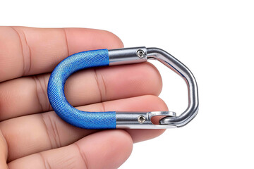Hand holding a climbing carabiner isolated on white background