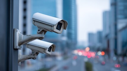 CCTV cameras placed against defocused urban buildings Abstract background highlights surveillance presence