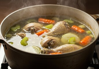 Steaming Hot Chicken Soup with Vegetables Cooking in a Pot - Comfort Food, Healthy Meal, and Home Cooking.