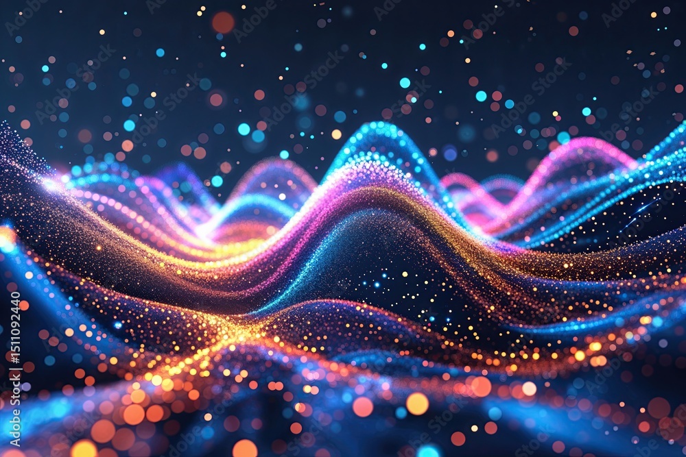 Poster vibrant digital particle spectrum with dynamic wave patterns in futuristic technology background