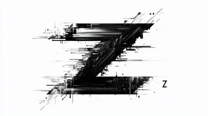 Black and white glitchy representation of the letter Z, showcasing a thin font style that evokes hacker aesthetics and digital distortion