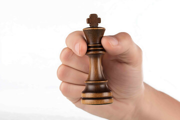 Hand holding a chess piece isolated on white background