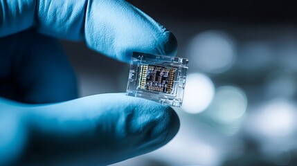 Closeup of a gloved hand holding a nextgen microchip A compact realistic piece of modern technology displayed clearly