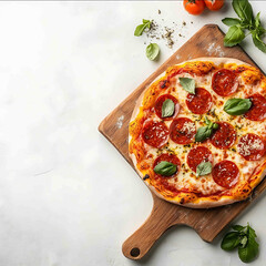 pepperoni pizza on wooden board on light background with copy space