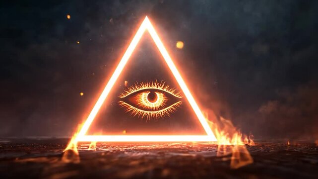 Neon triangle with eye design symbol on fire and dark background