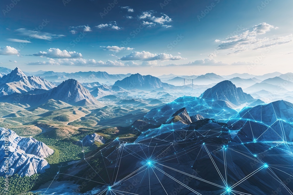 Poster comprehensive overview of contemporary digital connectivity with dynamic geometric design elements