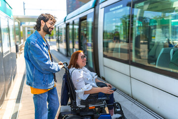 Young man helping woman in wheelchair boarding tram in the city