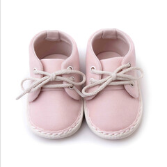 Pair of baby shoes in pastel pink isolated on white background