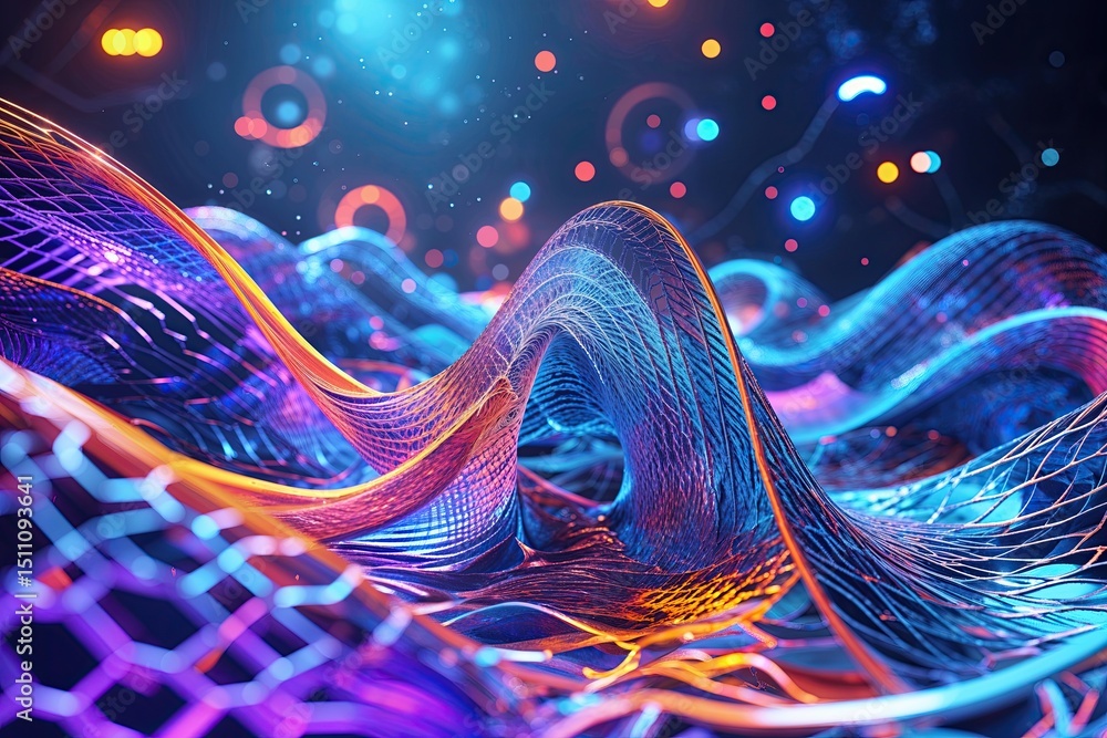 Poster vibrant three-dimensional wave mesh with futuristic design elements and dynamic atmosphere