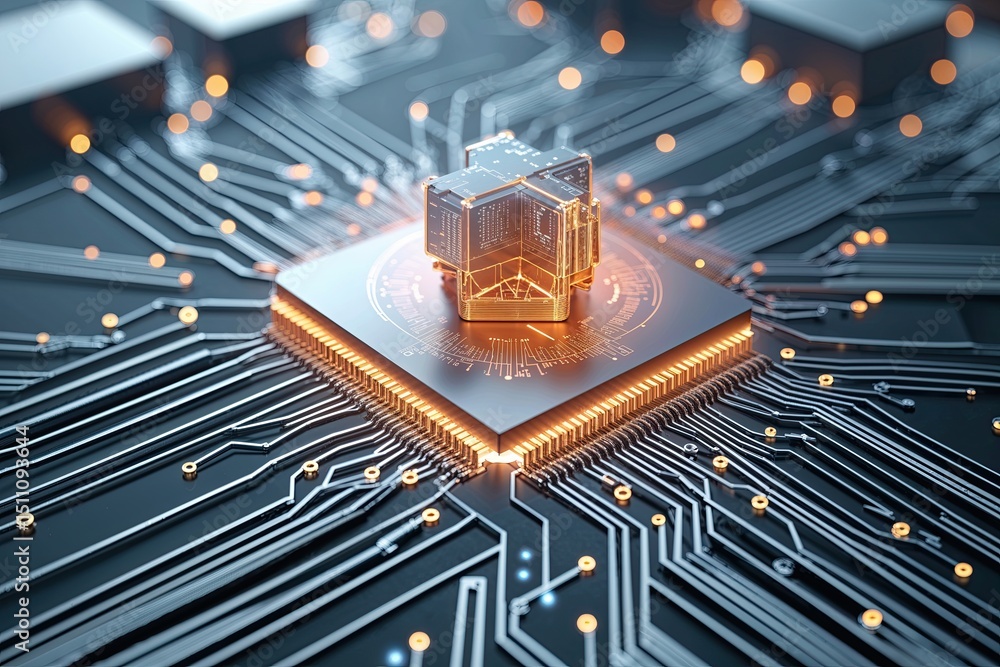 Poster cutting-edge quantum digital concepts with sleek silver circuit web background and evolving tech aes