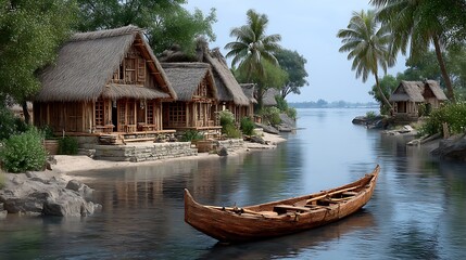 Obraz premium Authentic wooden houses along calm river high resolution photo