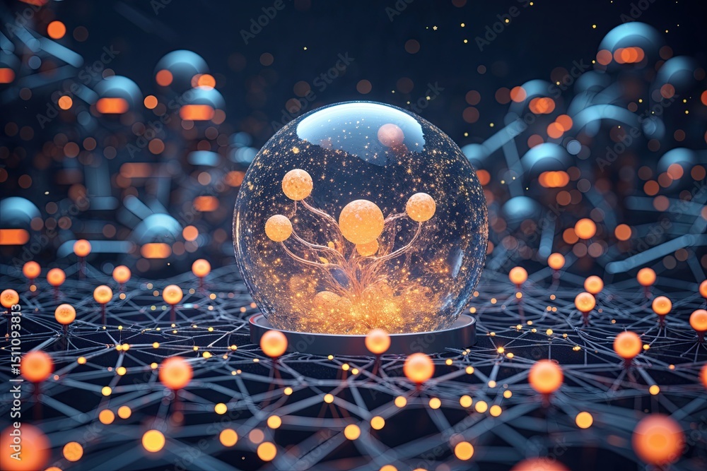 Poster engaging cyber ecosystem with luminous particles and digital networking systems