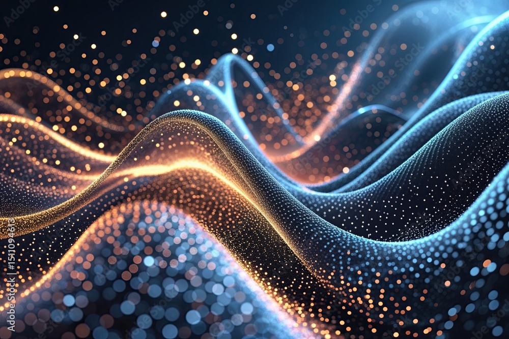 Poster dynamic digital particle wave pattern with textured glow and high-tech background layout