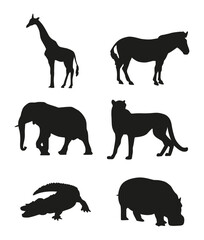  Silhouette set of different wild animals isolated on a white background