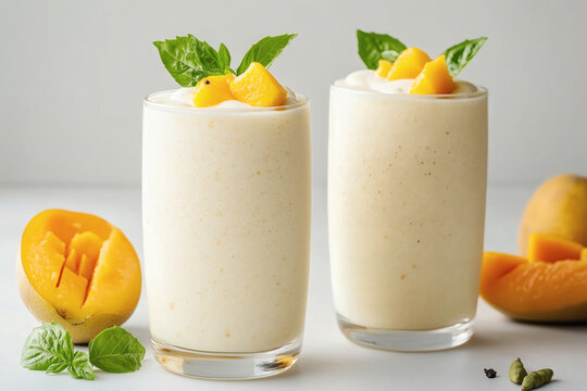 Two refreshing mango smoothies are presented in clear glasses, topped with fresh mint and mango chunks, showcasing a vibrant and creamy texture