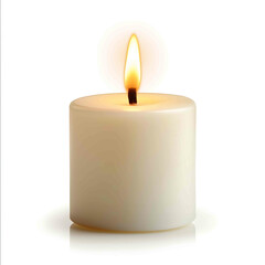 Classic white candle lit and burning isolated on white background