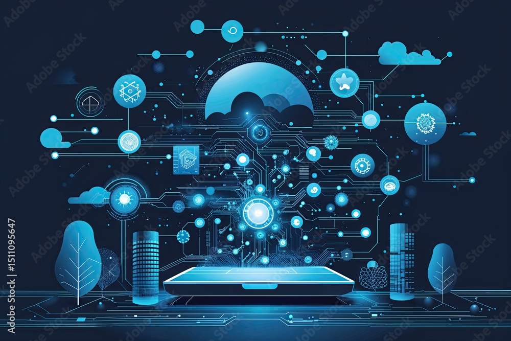 Aufkleber stellar technology abstract digital ecosystem in cyan vector graphics
