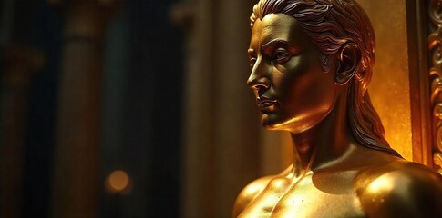 Close-up of a gleaming golden statue, subtly shadowed, evoking a sense of mystery and apprehension Its ornate details hint at a forgotten power, or perhaps a lurking threat , antique, golden