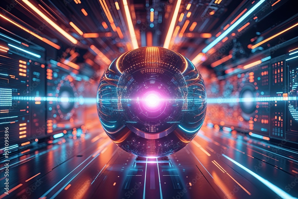 Poster sleek digital background with energetic tech orb and vibrant particle rhythm