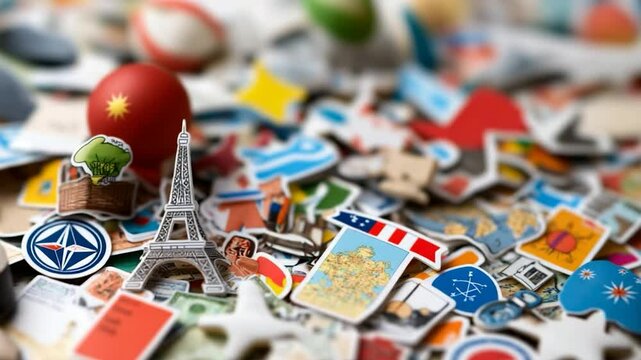 Travel themed stickers and souvenirs collage with eiffel tower miniature