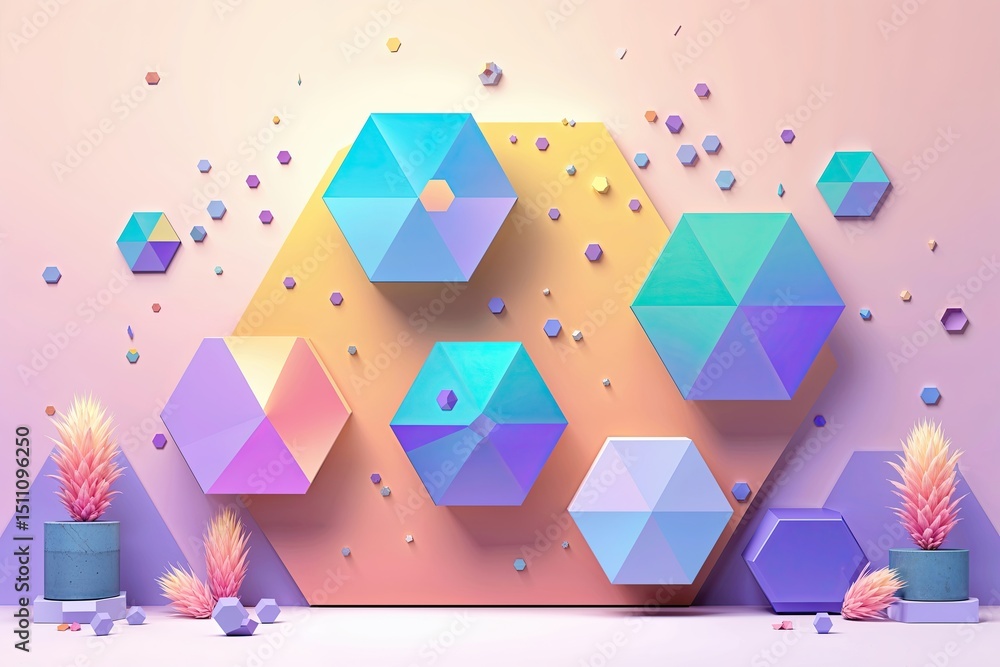 Poster dynamic vector banner design with pastel background and hexagon visuals for modern transformation